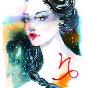 May include: Watercolour painting of a woman with a braid and a red Capricorn zodiac symbol on her shoulder. The background is a watercolour wash of blue, green, and yellow.