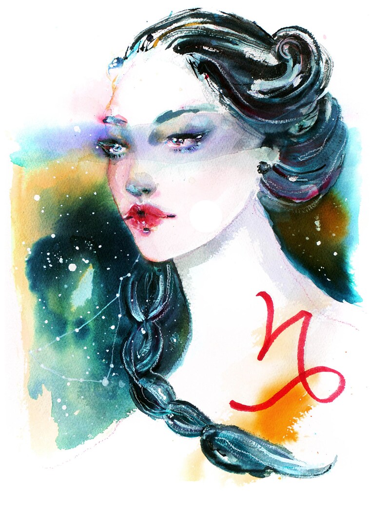May include: Watercolour painting of a woman with a braid and a red Capricorn zodiac symbol on her shoulder. The background is a watercolour wash of blue, green, and yellow.