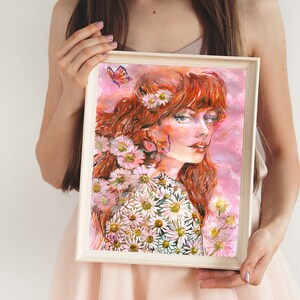 Watercolor Birth Flower Art Print, Daisy Girl Poster, April Birthday Gift, Birth Month Flowers, Painting of a Woman, Pink, Peach, Orange