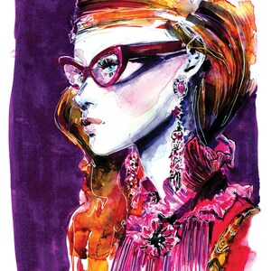 Fashion Girl Watercolor Poster, Pink and purple drawing, Stylish Woman with glasses, Art Print A3, feminine art, limited edition gicle image 3