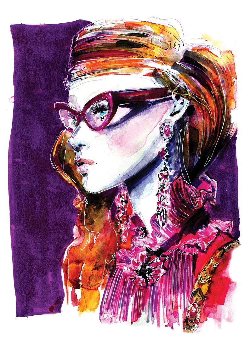 Fashion Girl Watercolor Poster, Pink and purple drawing, Stylish Woman with glasses, Art Print A3, feminine art, limited edition gicle image 3