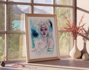 Aquarius girl poster. Astrology art print, feminine Star Sign Wall Art. Aquarius gift for her. Beautiful Zodiac girl.