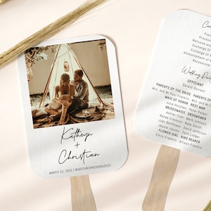 Cartes de programme de cérémonie de fan de mariage minimaliste bricolage modèles modifiables imprimables, idée de décoration de faveur de mariage moderne simple avec photo