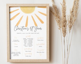 DIY Sun First Baby Boy Girl Birthday Milestone Board, 1st Birthday Milestone Board, 1st Milestone Poster Sign Printable Editable Template