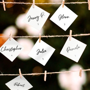 May include: Diamond-shaped white place cards with names and numbers are attached to twine with small wooden pegs. Names include Jenny P., Glenn, Christopher, Julie, Pamela, Robert, Jenny A., and Peterson. The background is out of focus.