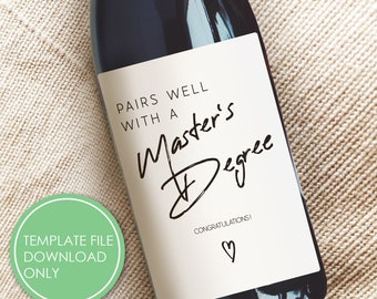 Cadeau d'étiquette de vin de maîtrise de modèle personnalisable bricolage, cadeau de graduation pour MS, Ma, MBA, se marie bien avec une maîtrise