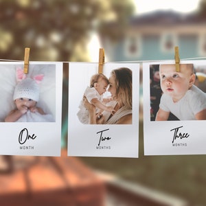 DIY First Baby Birthday Photo Banner, 1st Birthday Photo Banner, Modern Minimalist Monthly Milestone Photo Cards Printable Editable Template