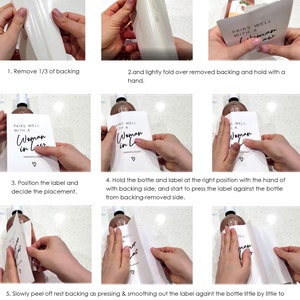 May include: Step-by-step instructions on how to apply a label to a bottle. The label reads "Pairs well with a woman in law".