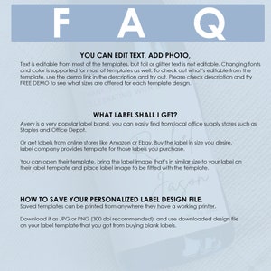 Peut inclure: Un graphique bleu et blanc avec le texte "FAQ" en grandes lettres audacieuses. Le graphique fournit des informations sur la modification du texte, l'ajout de photos et le choix de la bonne taille d'&eacute;tiquette pour une conception d'&eacute;tiquette personnalis&eacute;e. Le texte mentionne &eacute;galement l'utilisation d'une d&eacute;monstration gratuite pour voir quelles tailles sont offertes pour chaque mod&egrave;le de conception.