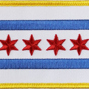 May include: Embroidered patch featuring the Chicago city flag design. The patch has a white background with two blue horizontal stripes and four red six-pointed stars. A yellow border frames the rectangular patch.
