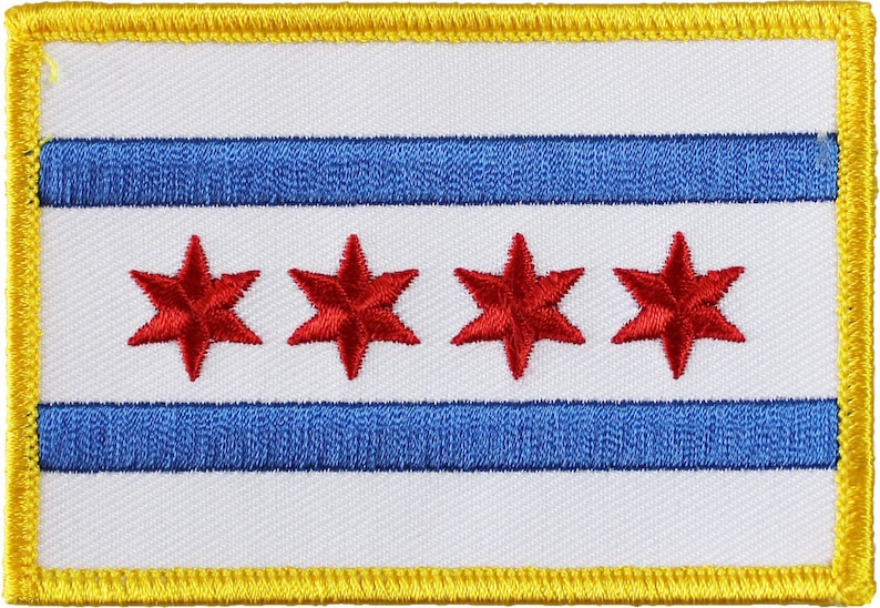 May include: Embroidered patch featuring the Chicago city flag design. The patch has a white background with two blue horizontal stripes and four red six-pointed stars. A yellow border frames the rectangular patch.