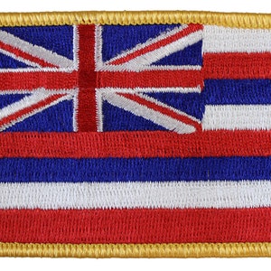 May include: Embroidered patch featuring the flag of Hawaii. The flag is a blue field with a white Union Jack in the upper left corner and eight horizontal stripes of red, white, and blue.