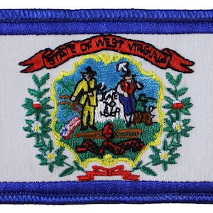 May include: Embroidered patch featuring the state flag of West Virginia. The flag is white with a blue border and a colorful state seal in the center. The seal depicts two men standing on a mountain with a river flowing below. The words "State of West Virginia" are written in a red ribbon above the seal.