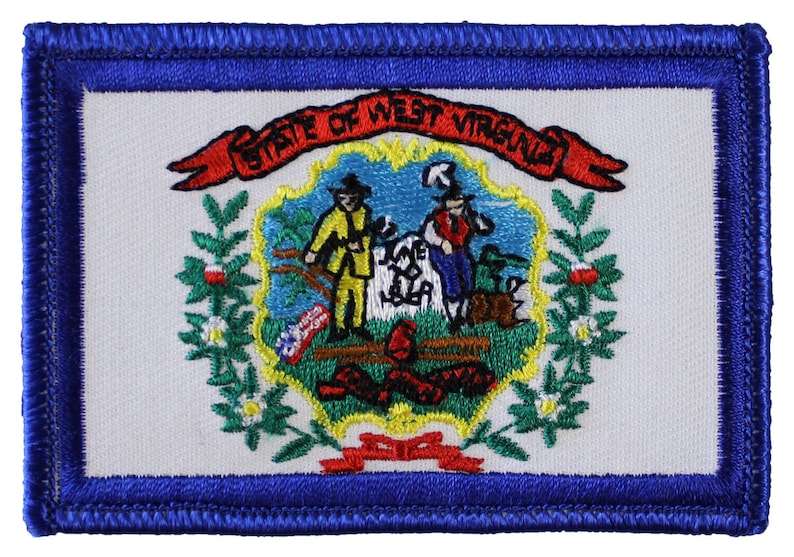 May include: Embroidered patch featuring the state flag of West Virginia. The flag is white with a blue border and a colourful state seal in the centre. The seal depicts two men standing on a mountain with a river flowing below. The words "State of West Virginia" are written on a red ribbon above the seal.
