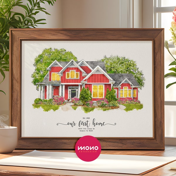 Aquarelle personnalisée portrait de maison, aquarelle pour maison, cadeau de pendaison de crémaillère personnalisé, premier cadeau à la maison, cadeau de clôture pour agent immobilier, portrait de maison