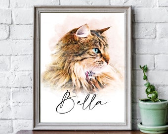 Custom Watercolor Cat Portrait, Cat Painting, Portrait From Photo, Personalized Gift, Painting from Photo, Pet Memorial, Pet Portrait