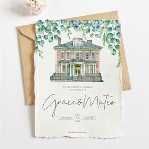 Könnte beinhalten: Eine Hochzeitseinladung mit einer Aquarell-Illustration eines Hauses mit grünem Laub. Die Einladung lautet "You are invited to celebrate the marriage of Grace & Mateo" mit dem Datum und der Uhrzeit der Hochzeit: Samstag, 11. Juli 2020 um 17:00 Uhr. Der Ort ist als "The Hotel de Ville of Paris" angegeben.