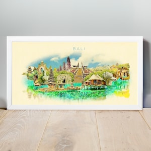 Illustration Aquarell Bali, Bali Kunstwerk, Bali Skyline, Panorama Bali Poster, Bali Karte, Bali, drucken, Stadt, Wandkunst Indonisia