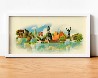 Illustration aquarelle de la Havane, Poster panoramique de la Havane, la Havane à Cuba, œuvre d’art Wall Art, panorama de la Havane, la Havane impression, City Art, carte de la Havane