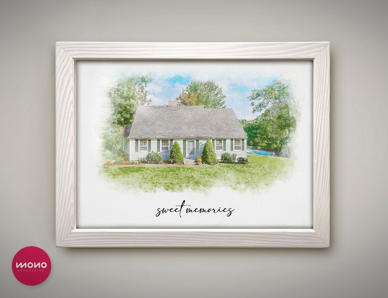 Op de afbeelding: Een aquarel van een wit huis met groene luiken en een groene gazon. Het huis is omringd door bomen en de tekst "sweet memories" staat onder het huis.