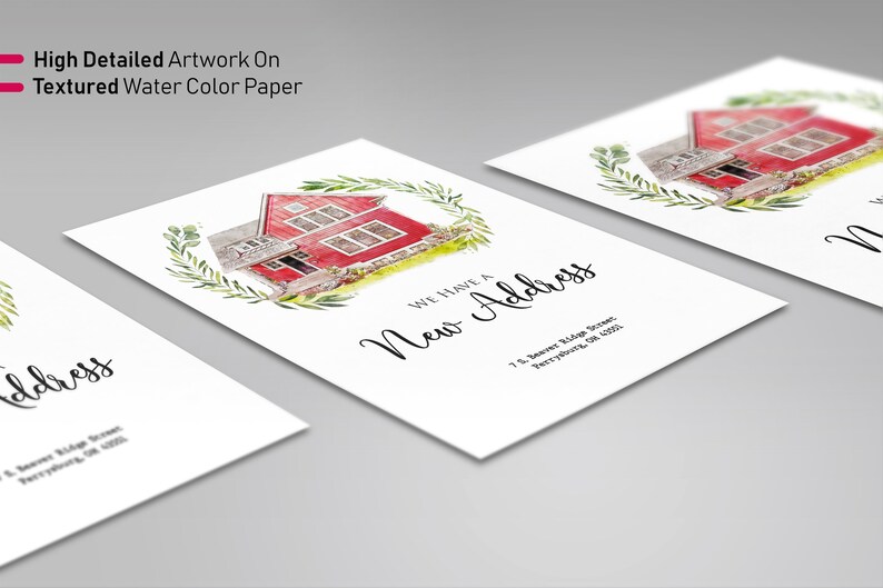 May include: A watercolour illustration of a red house with a green wreath around it. The text "WE HAVE A NEW ADDRESS" is written below the house. The address "75. Sawyer Ridge Street, Perryville, OR 97071" is written below the text.