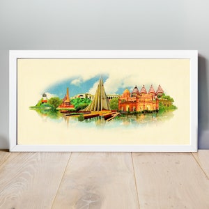 Aquarell-English-Illustration, Dhaka Kunstwerk, Dhaka Skyline, Panorama Dhaka Poster, Dhaka-Karte, Dhaka Druck, English Kunst, Wand Kunst