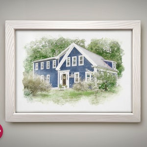Op de afbeelding: Een aquarel van een blauw huis met witte versieringen en een krans op de deur. Het huis is omringd door groene bomen en struiken.