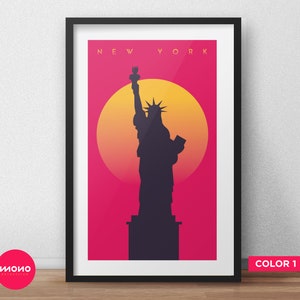 Pôster de ilustração da estátua da liberdade, pôster de Nova York, arte de Nova York, pôster de viagens, mapa, impressão artística da cidade de Nova York, arte de parede, noite
