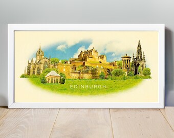 Acuarela Edimburgo City Illustration, Edinburgh Artwork, Edinburgh Skyline, Panoramic Edinburgh Poster, Edinburgh Print, Mapa, City Art