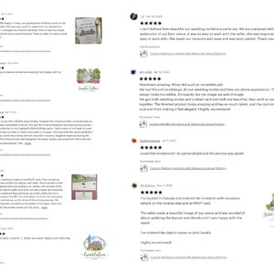 May include: Screenshots of positive customer reviews for a wedding invitation design service. The reviews highlight the quality of the design, the personalized service, and the ease of working with the seller. The reviews include five-star ratings and comments praising the seller's responsiveness, attention to detail, and the overall beauty of the invitations.