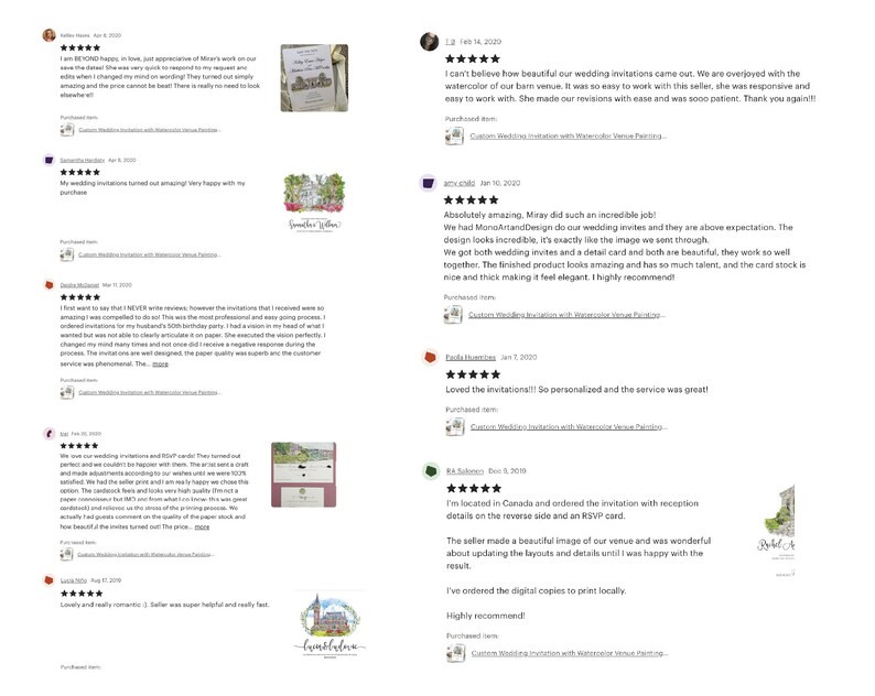 May include: Screenshots of positive customer reviews for a wedding invitation design service. The reviews highlight the quality of the design, the personalized service, and the ease of working with the seller. The reviews include five-star ratings and comments praising the seller's responsiveness, attention to detail, and the overall beauty of the invitations.
