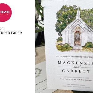 May include: Wedding invitation with a watercolor illustration of a white church with a green roof and trees. The text reads "You are invited to celebrate the marriage of Mackenzie and Garrett. Half past 5 o'clock in the evening."