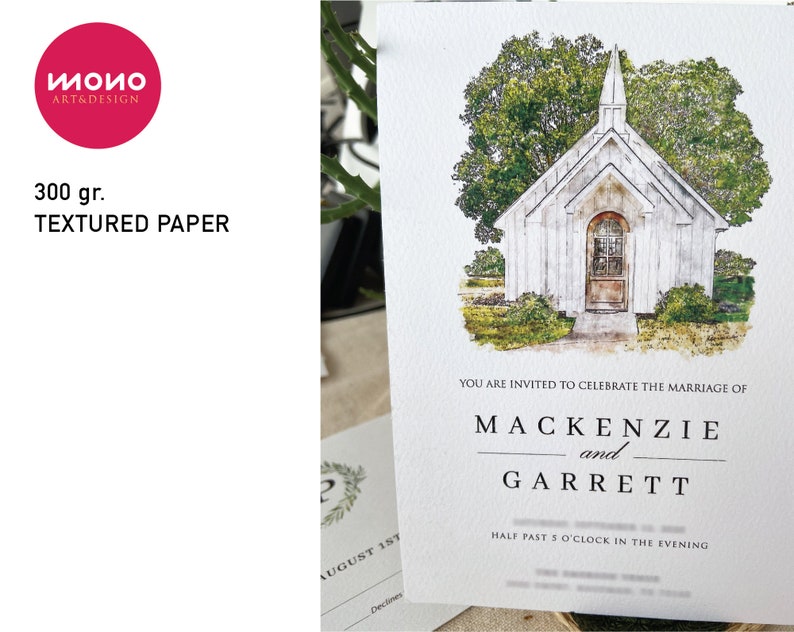 May include: Wedding invitation with a watercolor illustration of a white church with a green roof and trees. The text reads "You are invited to celebrate the marriage of Mackenzie and Garrett. Half past 5 o'clock in the evening."