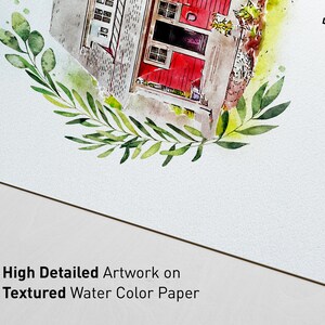 May include: Watercolour painting of a red house with white trim and green foliage around it. The text "Henderson Est." is in the top right corner of the image.