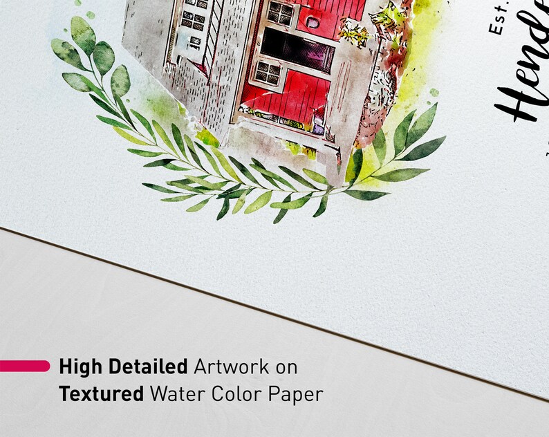 May include: Watercolour painting of a red house with white trim and green foliage around it. The text "Henderson Est." is in the top right corner of the image.