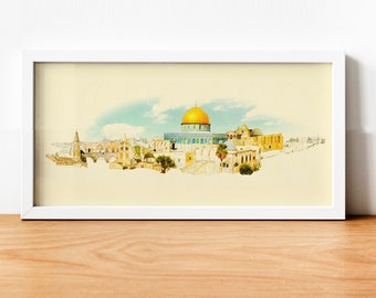 Aquarelle Jérusalem ville Illustration, Israel, Jérusalem Skyline, Poster panoramique Jérusalem, Jérusalem Print, Kudus, City Art