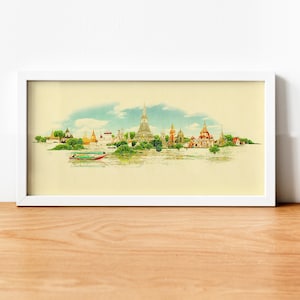 Illustrazione dell'acquerello della città di Bangkok, Bangkok opera d'arte, Skyline di Bangkok, Bangkok panoramiche Poster, città d'arte, Bangkok stampa, arte della parete, mappa