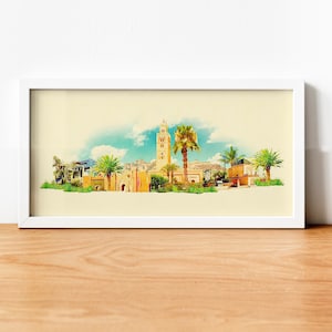 Watercolor Marrakech City Illustration, Marrakech Artwork, Marrakech Skyline, Panoramic Marrakech Poster, Marrakech Print, City Art Wall Art