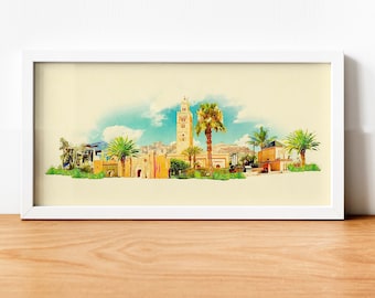 Ilustração em aquarela da cidade de Marrakech, arte de Marrakech, horizonte de Marrakech, pôster panorâmico de Marrakech, impressão de Marrakech, arte da parede da cidade