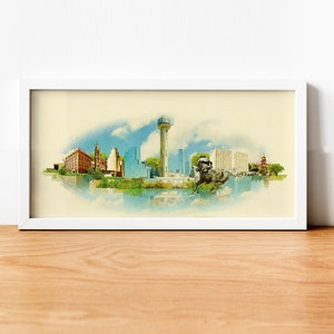 Aquarell Dallas Stadt Illustration Dallas Skyline Panorama Dallas Plakat, Dallas Kunstwerk, Dallas Stadt Kunst, Wandkunst, Karte in Dallas, Texas