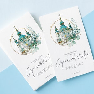 May include: Wedding invitation with a watercolor illustration of a blue and gold church with green foliage. The text reads "You are invited to celebrate the marriage of Grace & Mateo" with the date and time of the wedding.
