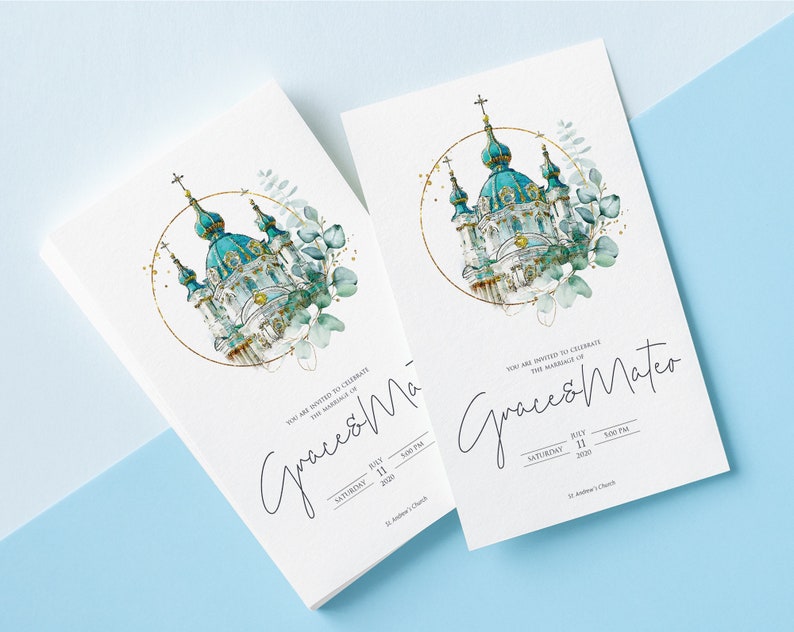 May include: Wedding invitation with a watercolor illustration of a blue and gold church with green foliage. The text reads "You are invited to celebrate the marriage of Grace & Mateo" with the date and time of the wedding.