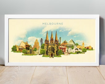 Könnte beinhalten: Ein gerahmter Druck mit einer Darstellung der Skyline von Melbourne im Aquarellstil. Das Kunstwerk zeigt berühmte Gebäude und Wahrzeichen, mit dem Stadtnamen darüber. Der Druck ist vor einem hellen Hintergrund und in Weiß gerahmt.