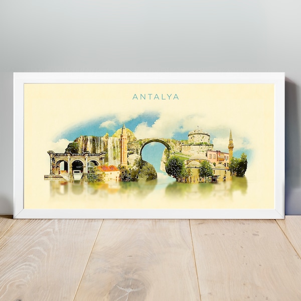 Acuarela Antalya ilustración, Antalya obra de arte, Antalya Skyline, cartel panorámico de Antalya, impresión Antalya, arte de la ciudad, cartel de viaje de arte de pared