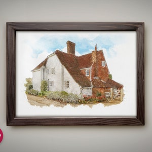 Op de afbeelding: Een aquarel van een wit en rood bakstenen huis met een bruin dak. Het huis is omgeven door groene struiken en bloemen. Het schilderij is ingelijst in een donkerbruin frame.