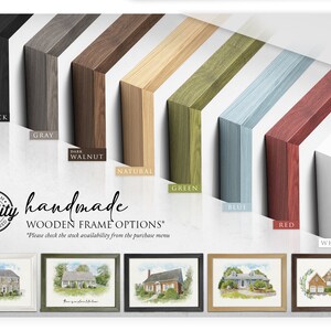 Op de afbeelding: Een selectie van handgemaakte houten fotolijsten in verschillende kleuren, waaronder zwart, grijs, donker walnoot, naturel, groen, blauw, rood en wit. De tekst "handgemaakte houten lijst opties" wordt onder de lijsten weergegeven.