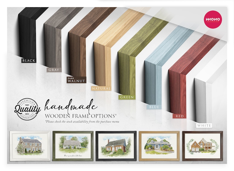 Op de afbeelding: Een selectie van handgemaakte houten fotolijsten in verschillende kleuren, waaronder zwart, grijs, donker walnoot, naturel, groen, blauw, rood en wit. De tekst "handgemaakte houten lijst opties" wordt onder de lijsten weergegeven.
