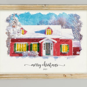 May include: A watercolour painting of a red house with snow on the roof and green shutters. The house has a white door and yellow windows. The painting is set against a blue sky with white snow falling. The text "merry christmas 2023" is written below the house.