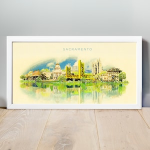 Karte von Sacramento Skyline, Sacramento Poster, Sacramento Kunstwerk, Sacramento Kunstdruck, Aquarell Sacramento Stadt Illustration, Kalifornien,