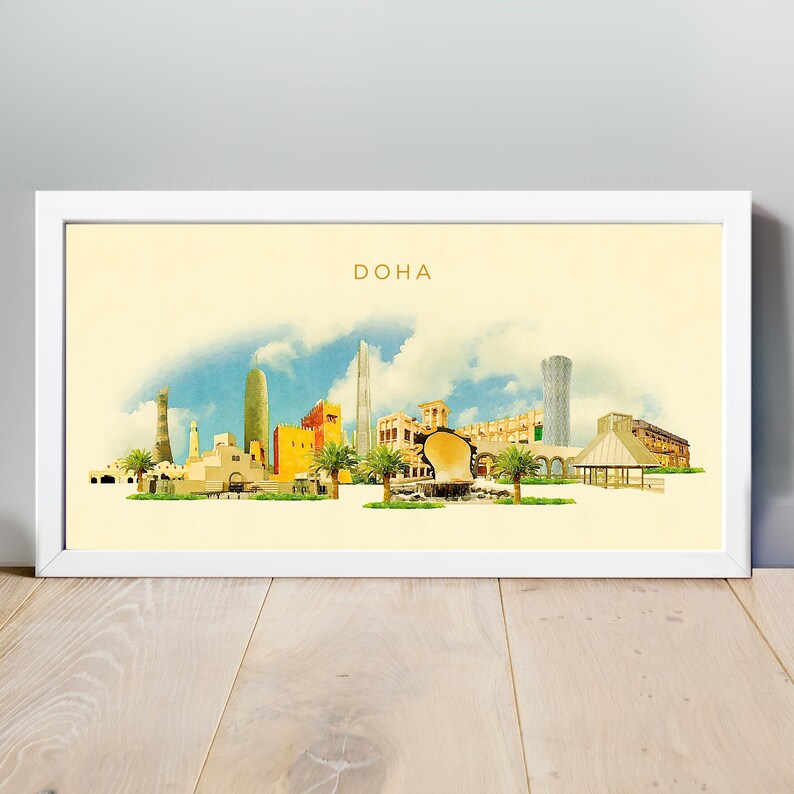 Illustration aquarelle Doha ville, oeuvre Doha, Doha Skyline, Doha panoramique affiche, impression Doha, Doha carte, Doha City Art, Doha Art mural image 1